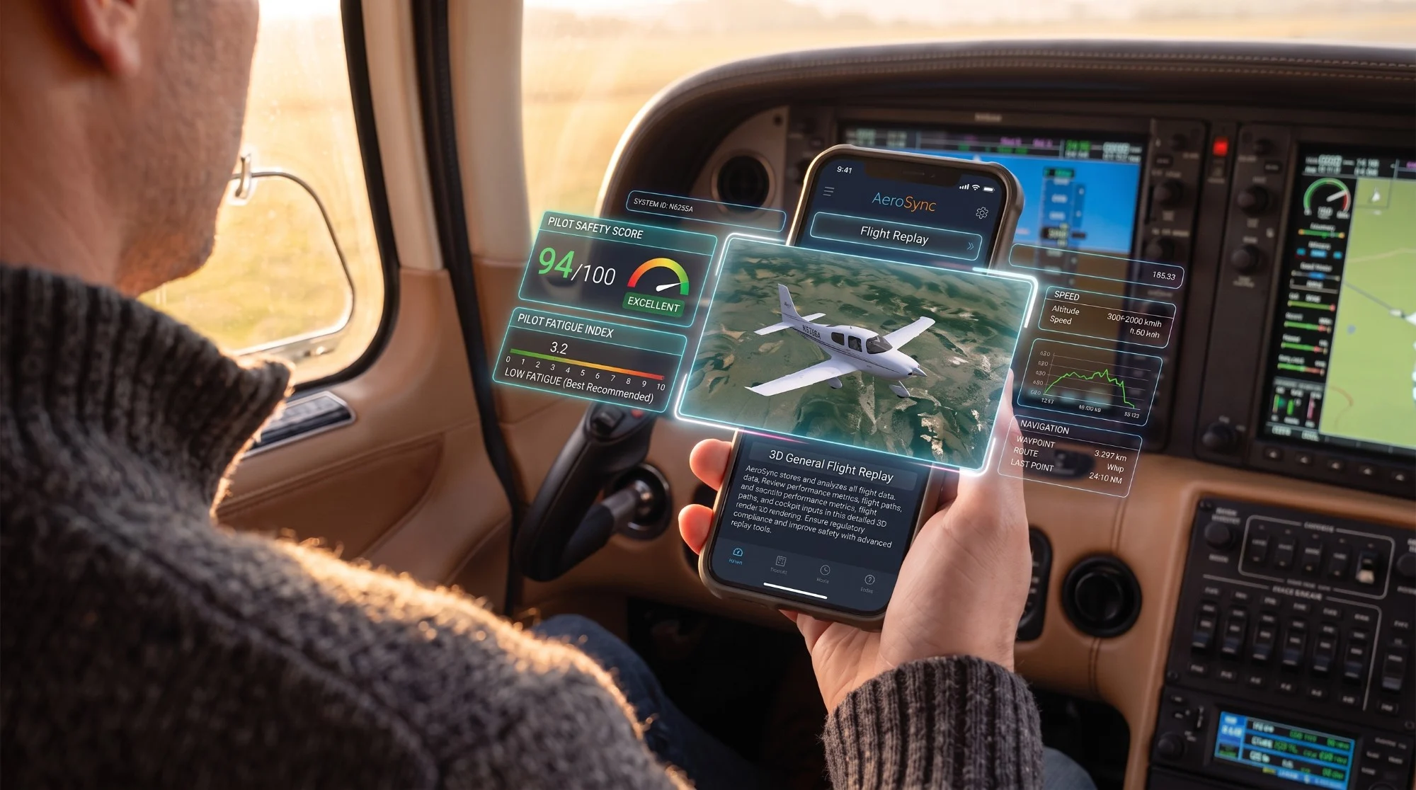 Pilot in a cockpit holding a phone running AeroSync&trade;: a 3D replay of the flight with a Pilot Safety Score of 94 and a Pilot Fatigue Index of 3.2