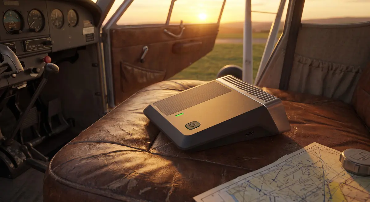 AeroNode hub on a leather seat in a vintage cockpit at sunset