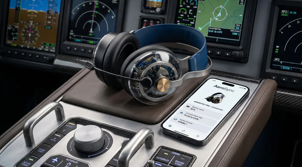 H1 headset and the AeroSync app on a phone in a modern cockpit