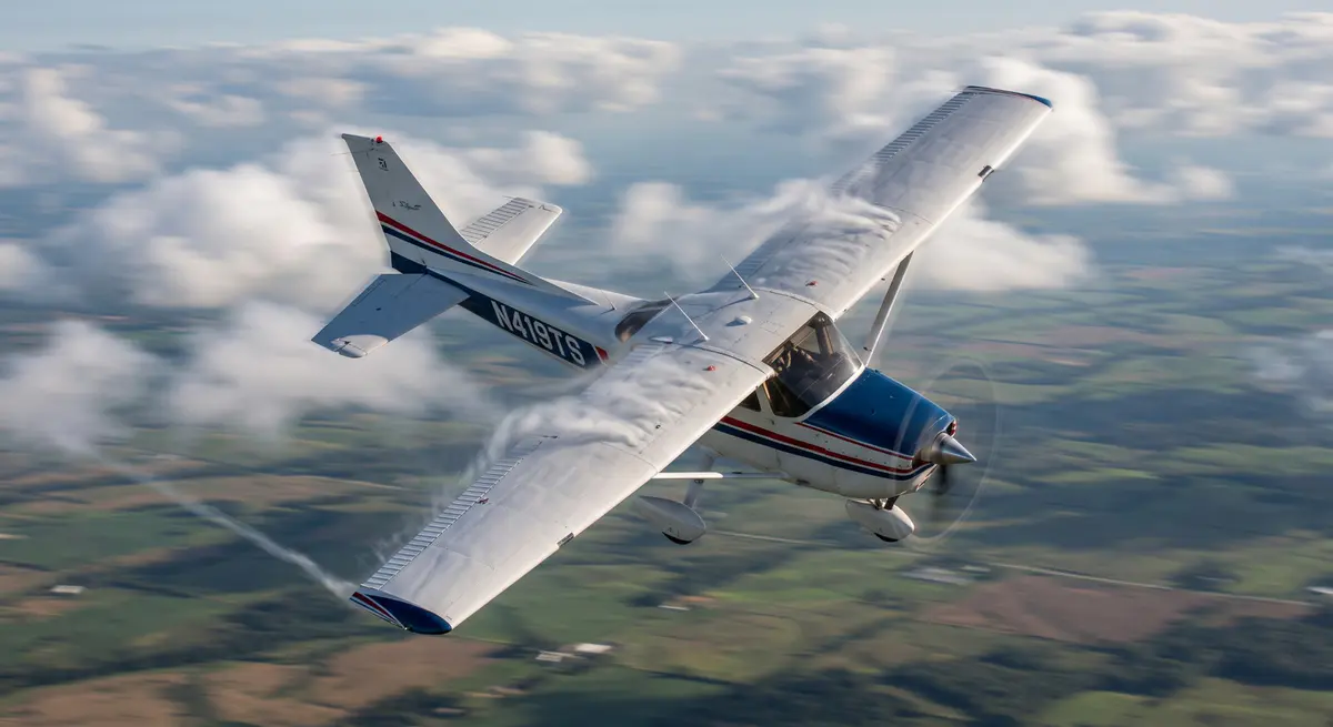 Light aircraft in a banked turn with wingtip vortices over farmland
