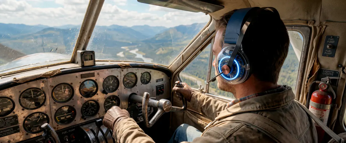 Bush pilot wearing the H1 in a vintage cockpit over a mountain valley