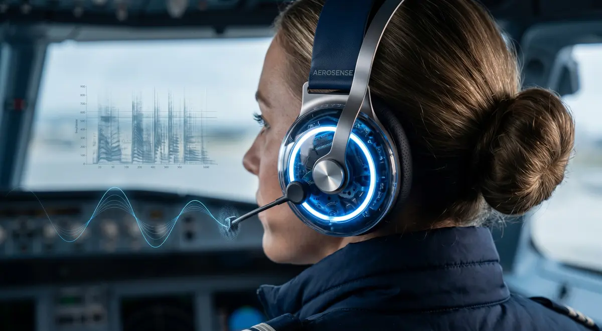 Airline pilot wearing the H1, with her voice visualised as a clean waveform