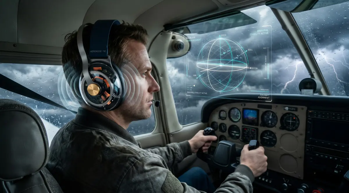Pilot in IMC wearing the H1, with a spatial-audio orientation sphere