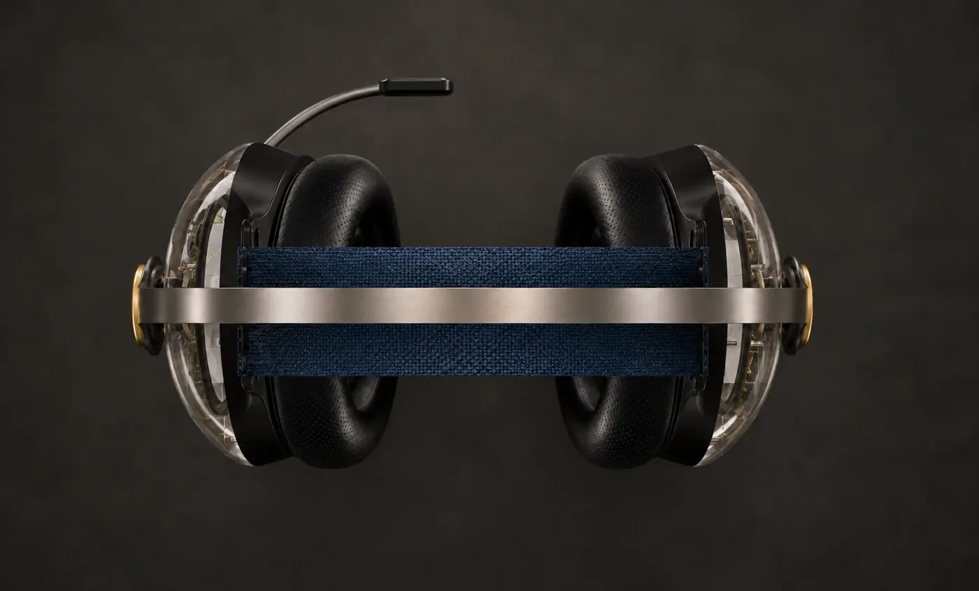 Aerosense H1 headset seen from above: spring band, ultra-soft strap and transparent ear cups
