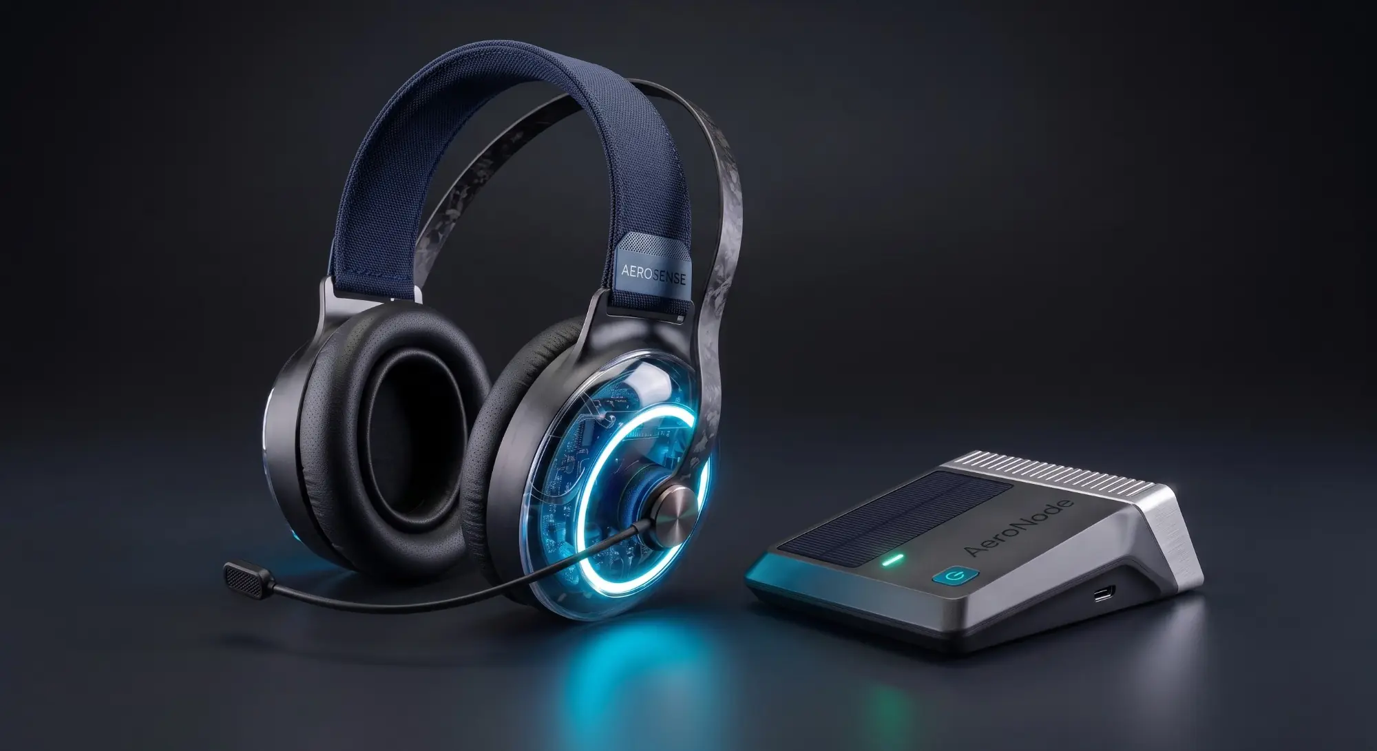 Aerosense H1 headset beside the AeroNode processing hub