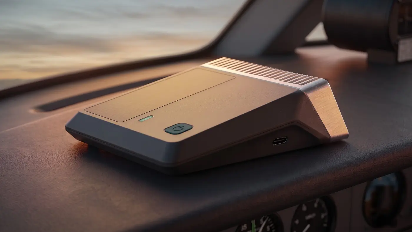 AeroNode Go hub on a light-aircraft glareshield at sunset